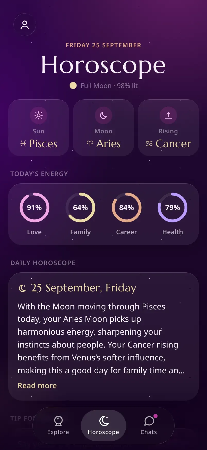 Daily horoscope with Sun, Moon and Rising signs and today's energy